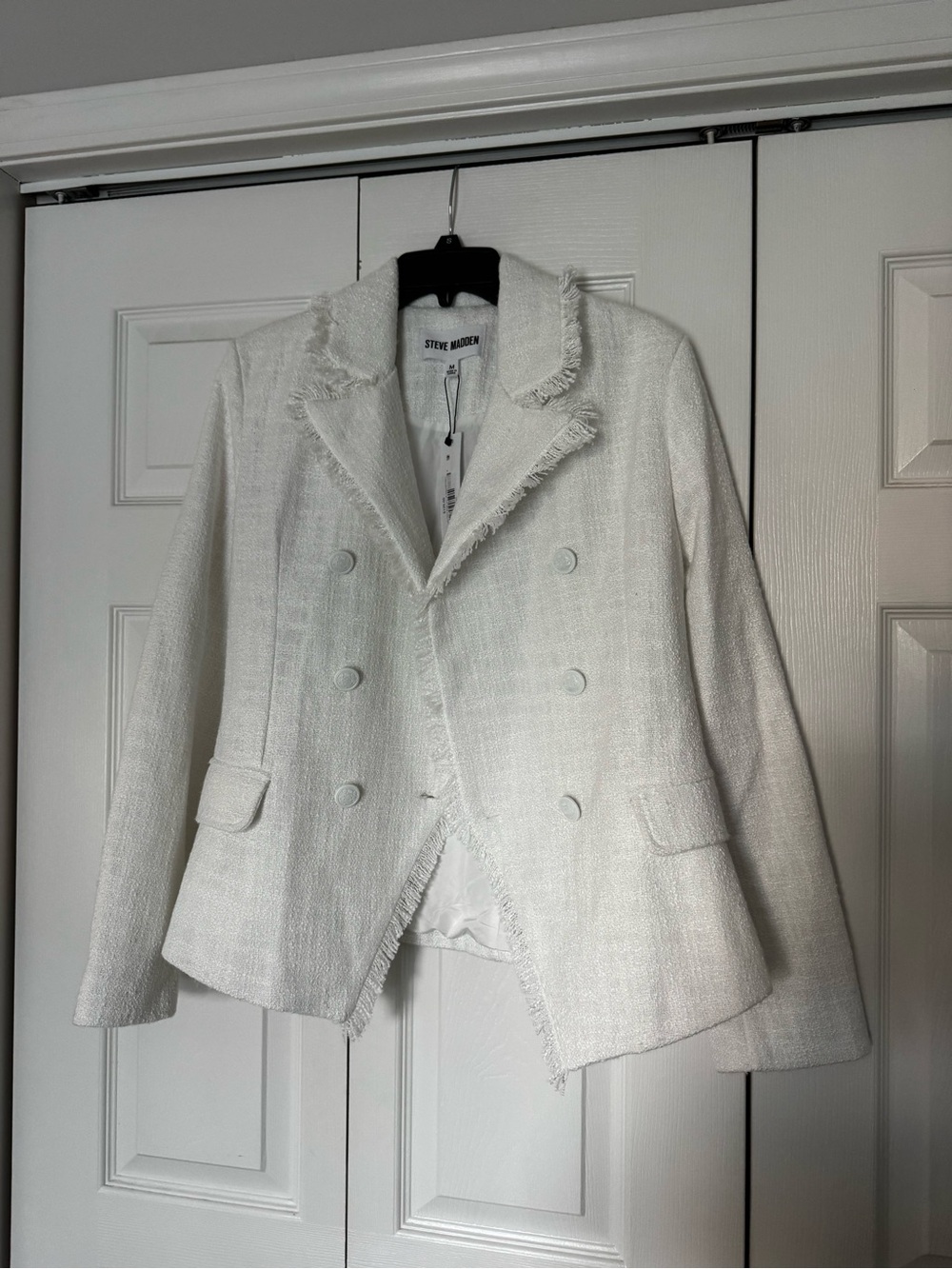 Steve Madden Cream Tweed Double-Breasted Frayed Blazer